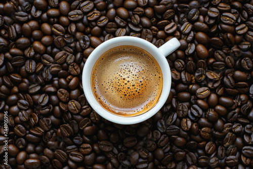 Top view of a fresh cup of coffee on a bed of roasted beans