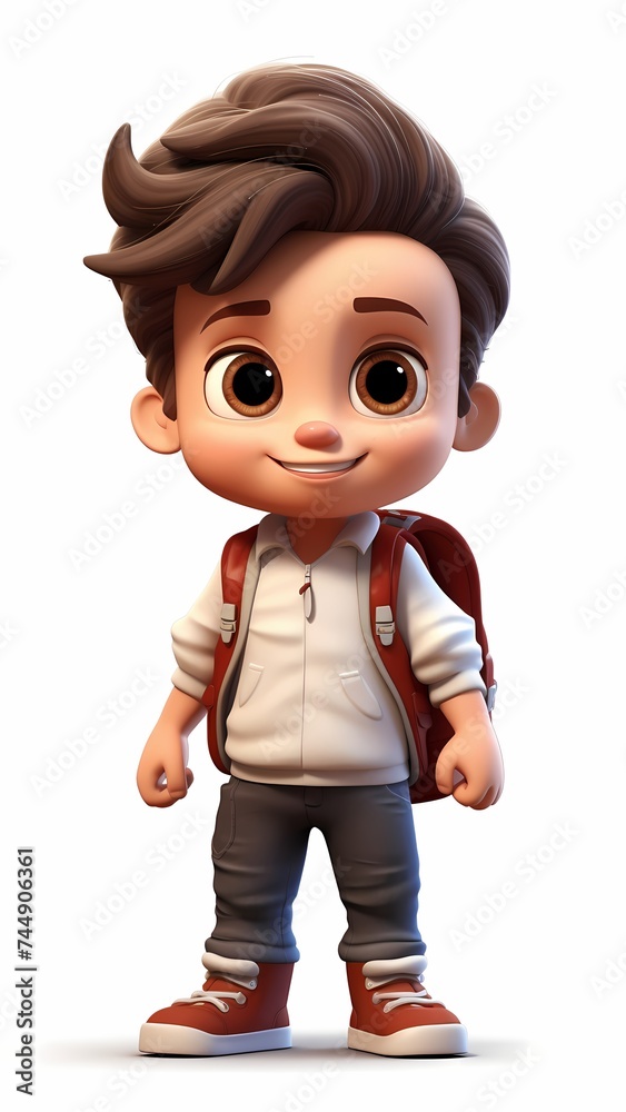 3D cartoon character with a boy carrying a school bag