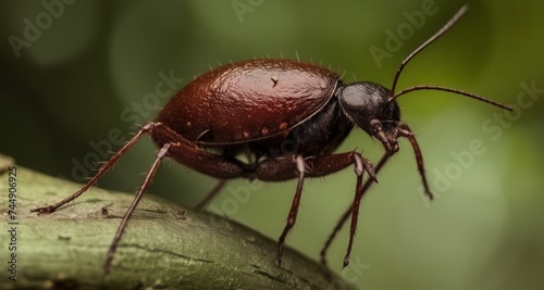  A close-up of a vibrant red and black beetle on a leafy surface © vivekFx