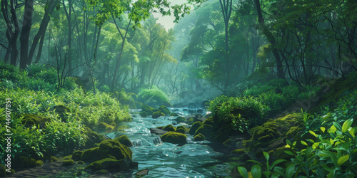 a stream runs through a lush green forest, generative AI