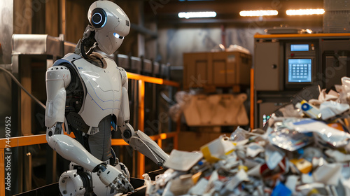 The subject is a robot sorting waste in a recycling facility. The robot a humanoid robot. The recycling facility small, The waste sorted into different categories, such as paper, plastic.