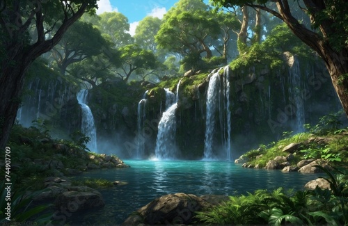 The Waterfall Forest. Fiction Backdrop. Concept Art. Realistic Illustration. Video Game Digital CG Artwork. Nature Scenery.