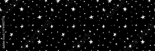 Hand drawn simple sprinkle seamless pattern with white confetti and stars on black background. Vector Illustration for holiday, party, birthday, invitation.