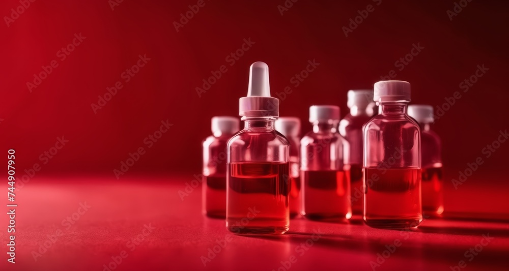  Collection of syringes with red liquid on red background