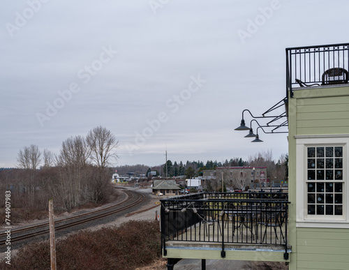 View from Blaine Washington, United States of America overlooking a train track leading in the Peace Arch border crossing connecting to Canada. photo