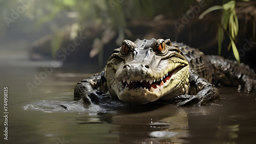 Caiman crocodile catches and eats fish in the river