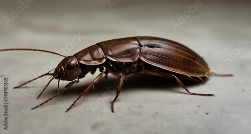  Detailed close-up of a brown beetle on a white surface