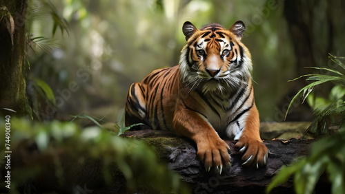 Tiger in the rainforest looking at the camera in nature