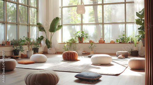 Um ambiente sereno de prática de mindfulness com luz natural plantas e diversidade humana em foco relaxante © Alexandre