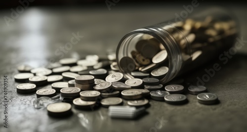  Scattered change on a table, symbolizing financial loss or mismanagement photo