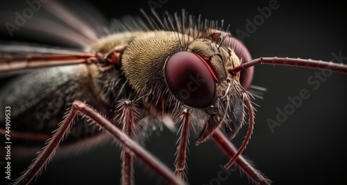  Close-up of a bee with striking red eyes and fuzzy body, set against a dark background