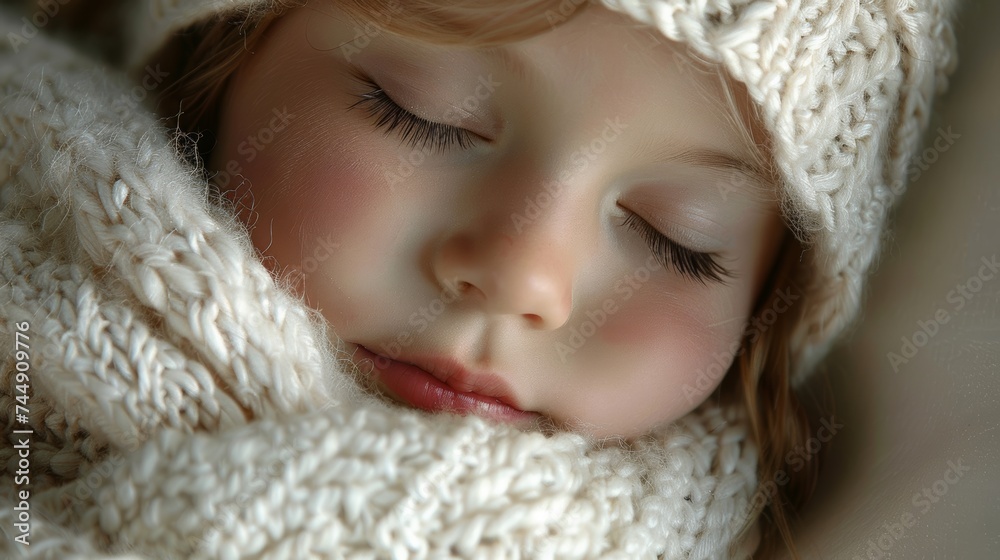 A peaceful child sleeps soundly, wrapped in the warmth of a cozy, knitted scarf, with delicate eyelashes casting shadows on rosy cheeks. A peaceful child sleeps soundly, wrapped in the warmth of a cozy, knitted scarf, with delicate eyelashes casting shadows on rosy cheeks.