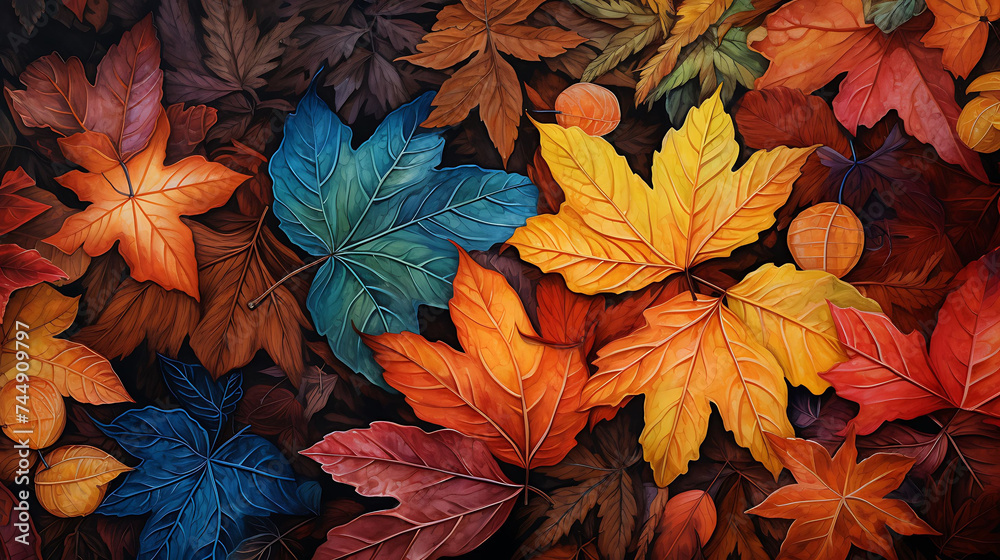 Autumn leaves in a variety of rich hues.