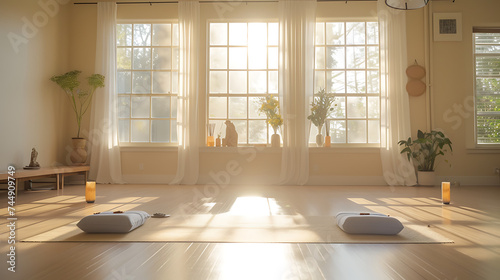 Um est  dio de ioga tranquilo e sereno banhado em luz natural suave oferece um ref  gio da agita    o da vida cotidiana