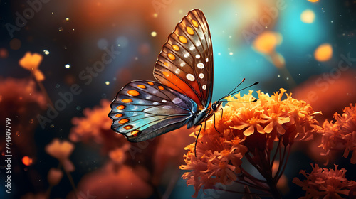 A butterfly pollinating a blooming flower.