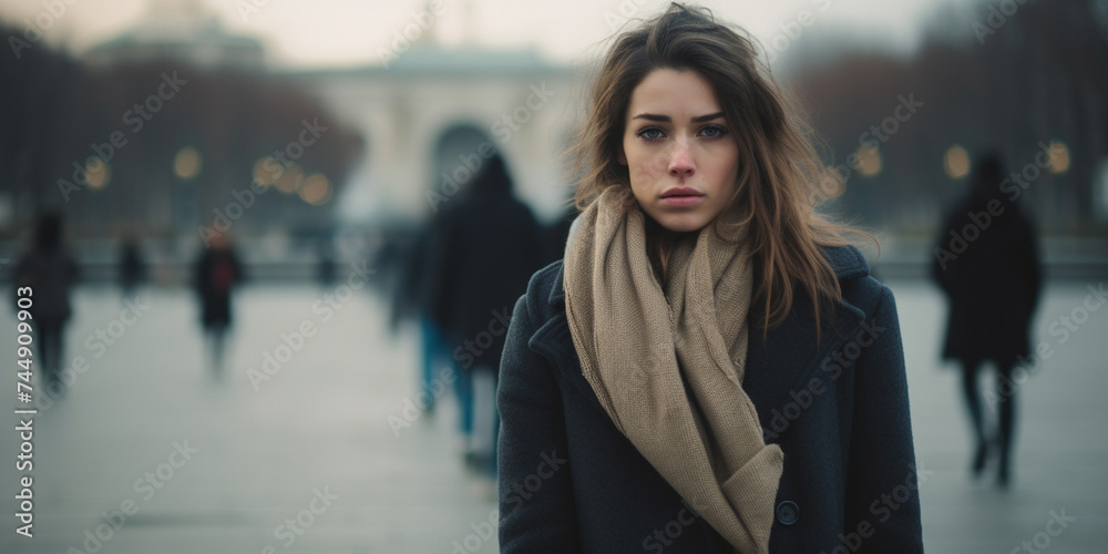 Beautiful sad depressed woman in scarf and winter coat outdoors in snowy city