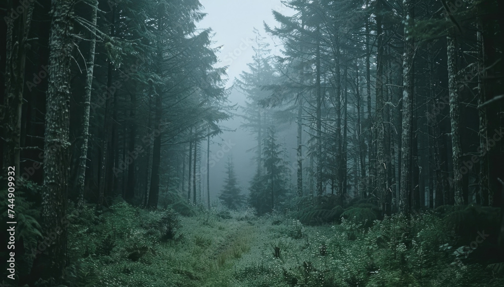 Obraz premium Photo of a pacific northwest forrest on a rainy day, foggy and mystic mountain forrest, gloomy dark forest during a foggy day, North Vancouver, British Columbia, Canada, European forrest