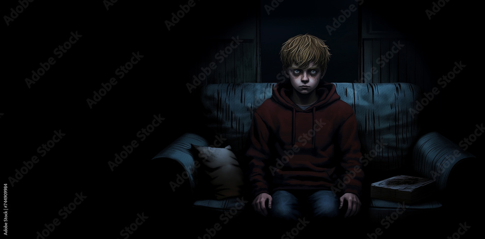 Sad depressed teenager boy in red hoodie with anxiety sitting on a couch in dark room illustration copy space Sad depressed teenager boy in red hoodie with anxiety sitting on a couch in dark room illustration copy space