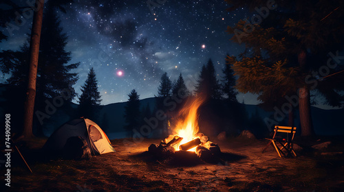 A campfire under a starry night sky.