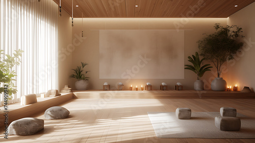 Um estúdio de ioga tranquilo e sereno banhado em luz natural suave oferece um refúgio da agitação da vida cotidiana