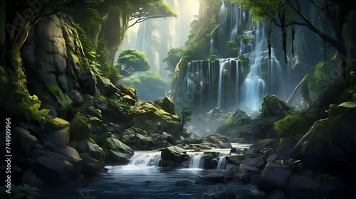 A cascading waterfall hidden in a lush forest.