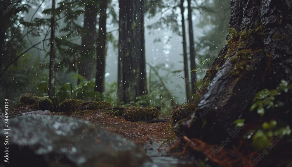 Obraz premium Photo of a pacific northwest forrest on a rainy day, foggy and mystic mountain forrest, gloomy dark forest during a foggy day, North Vancouver, British Columbia, Canada, European forrest