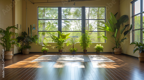Um estúdio de yoga sereno com luz natural suave e plantas verdes transmitindo calma e convidando à meditação
