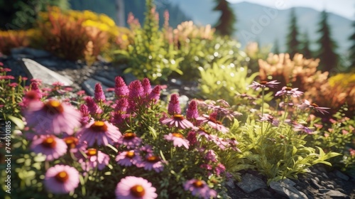 Beautiful flower garden in the mountains. Selective focus.