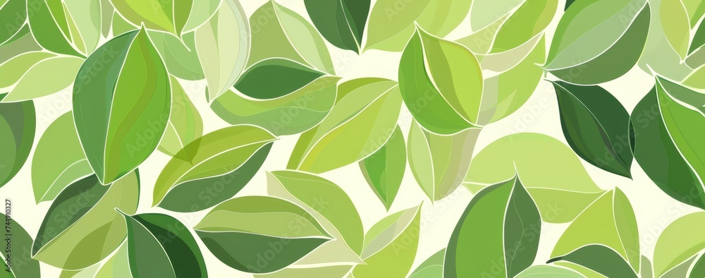 Stylized leaf mosaic in various shades of green, creating a dense and vibrant tapestry of foliage for a natural-themed backdrop.