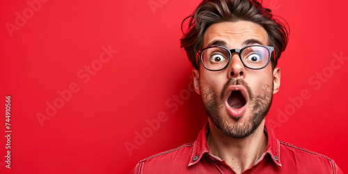 Surprised Man in Red on Red Background.
Astonished man in a red shirt, wide-eyed with glasses. photo
