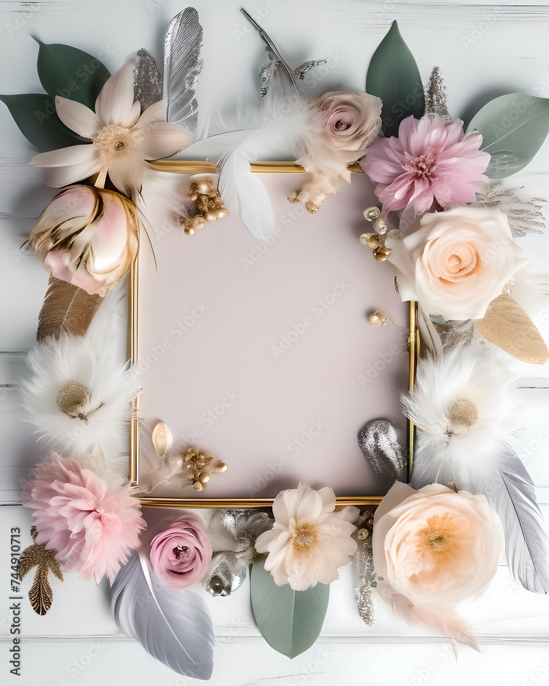 Colorful and gold feathers frame on pink background. Flat lay, top view. Colorful and gold feathers frame on pink background. Flat lay, top view.