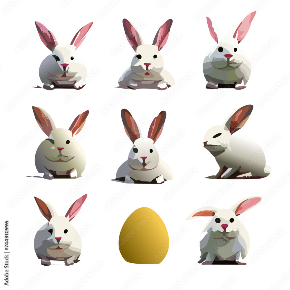 Vector Illustration of White Easter Bunny Rabbits in Different Poses and Pastel Easter Eggs, Illustrative, Creative, Artistic