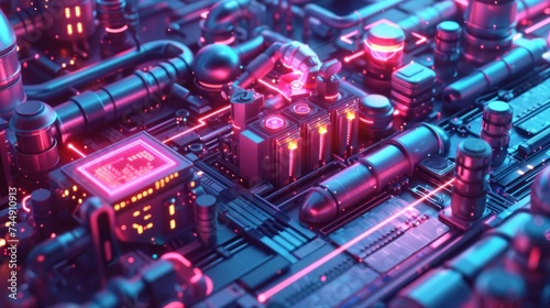 Futuristic Circuit Board with Glowing Neon Lights Technology Concept