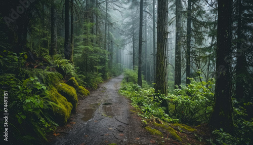 Photo of a pacific northwest forrest on a rainy day  foggy and mystic mountain forrest  gloomy dark forest during a foggy day  North Vancouver  British Columbia  Canada  European forrest