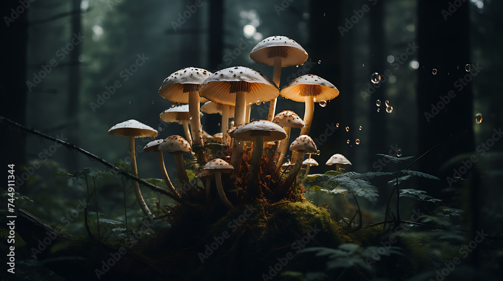 A cluster of mushrooms in a dark forest. - obrazy, fototapety, plakaty 