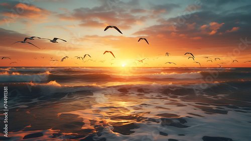 A coastal sunrise with seagulls in flight. © Muhammad
