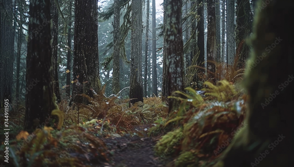 Obraz premium Photo of a pacific northwest forrest on a rainy day, foggy and mystic mountain forrest, gloomy dark forest during a foggy day, North Vancouver, British Columbia, Canada, European forrest