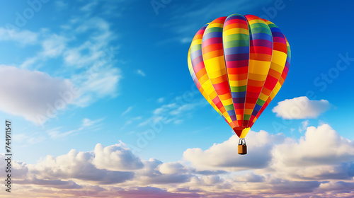 A colorful hot air balloon against a blue sky.