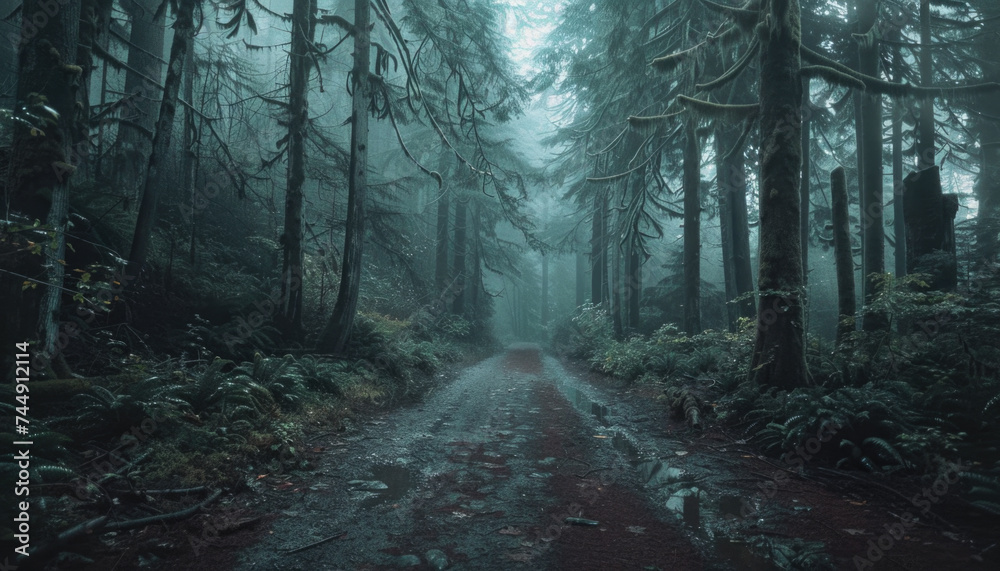 Fototapeta premium Photo of a pacific northwest forrest on a rainy day, foggy and mystic mountain forrest, gloomy dark forest during a foggy day, North Vancouver, British Columbia, Canada, European forrest