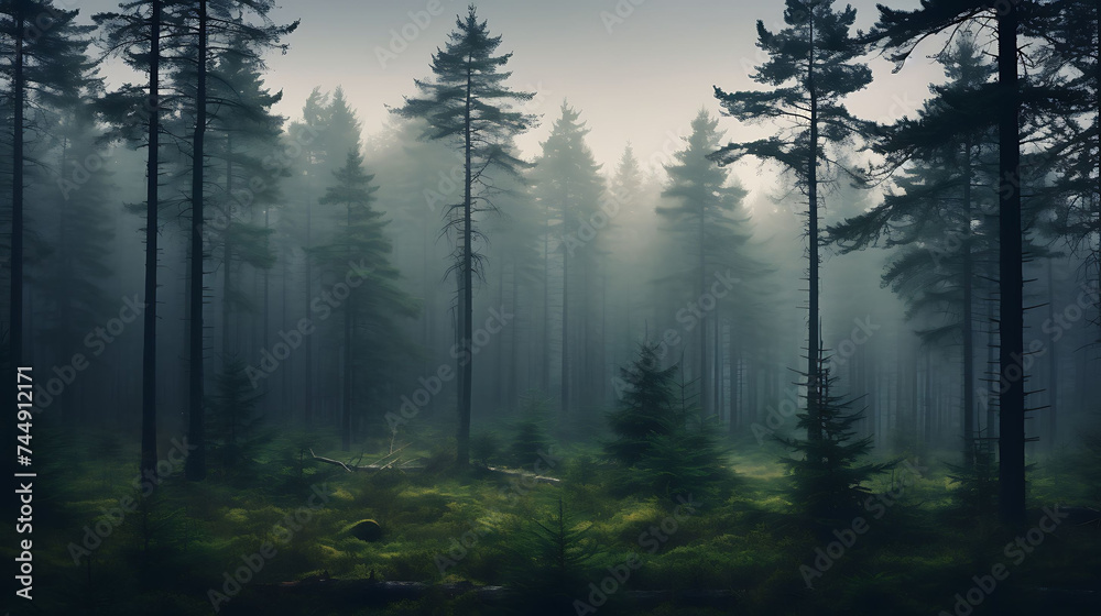 A foggy morning in a pine forest. - obrazy, fototapety, plakaty 