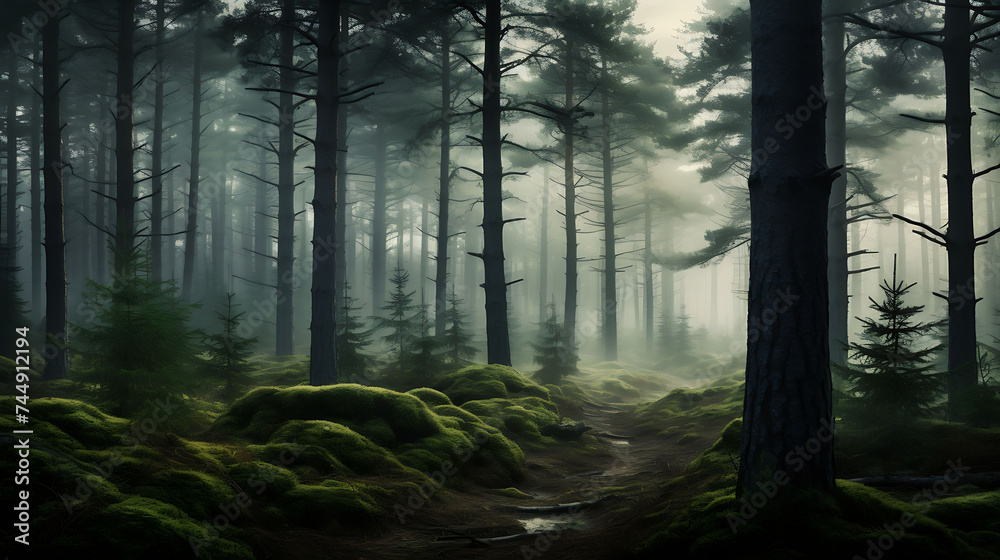 A foggy morning in a pine forest.