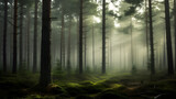 A foggy morning in a pine forest.