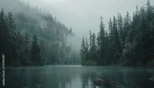 Photo of a pacific northwest forrest on a rainy day, foggy and mystic mountain forrest, gloomy dark forest during a foggy day, North Vancouver, British Columbia, Canada, European forrest © Thomas Parker