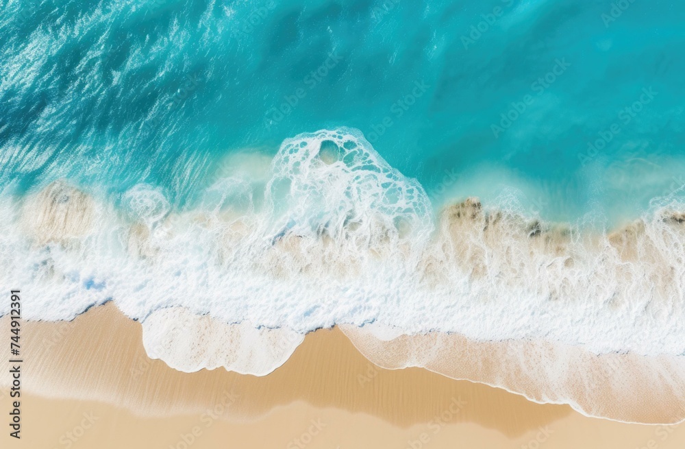 An aerial view of the ocean and sand. Generative AI.