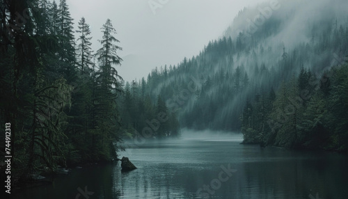 Photo of a pacific northwest forrest on a rainy day, foggy and mystic mountain forrest, gloomy dark forest during a foggy day, North Vancouver, British Columbia, Canada, European forrest