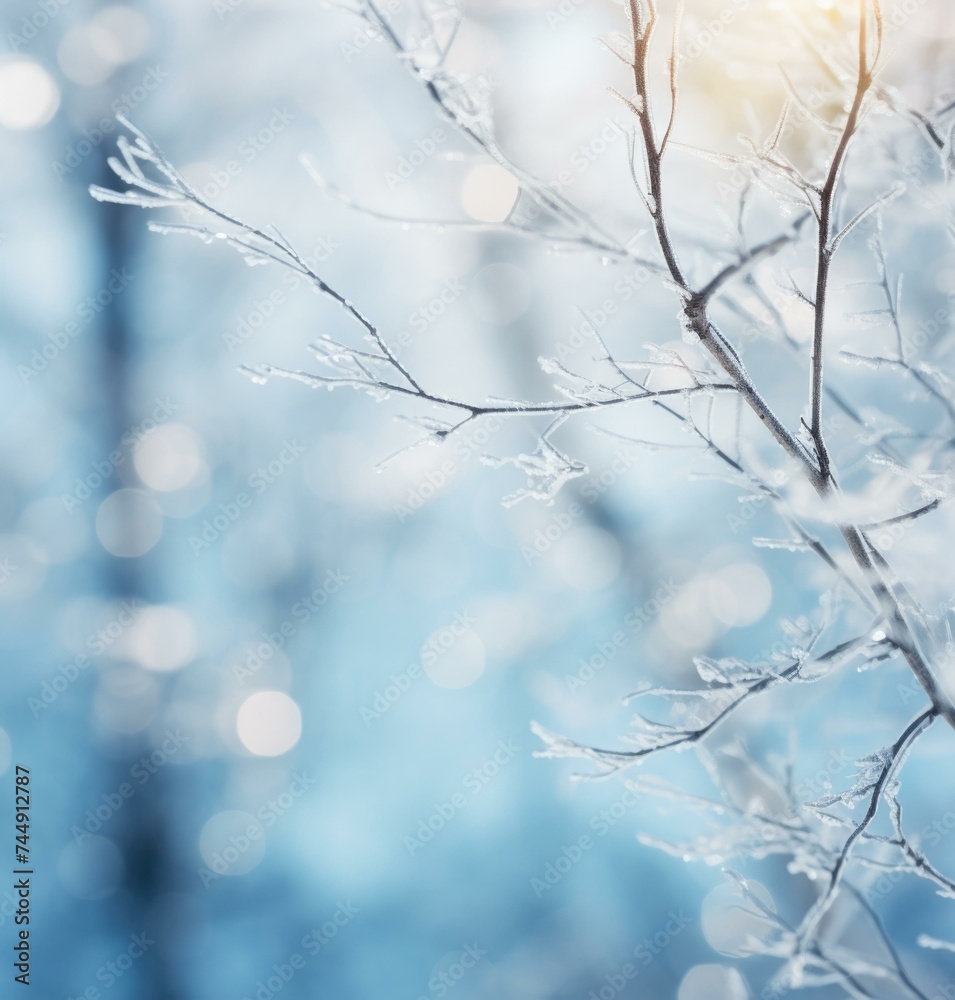 Winter background with frosty branches and sunlight. Generative AI.