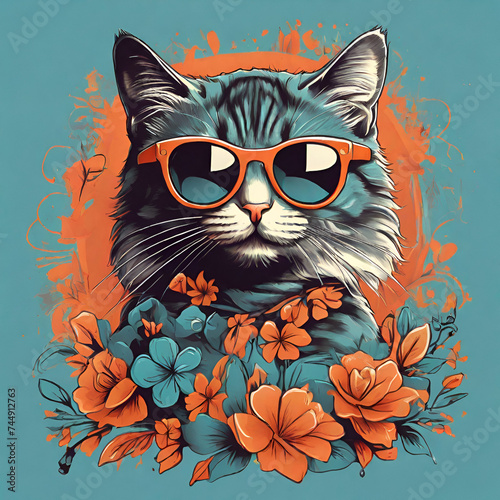 "Cat Chic: Playful Floral Tee for Feline & Fashion Fans" © Sumi