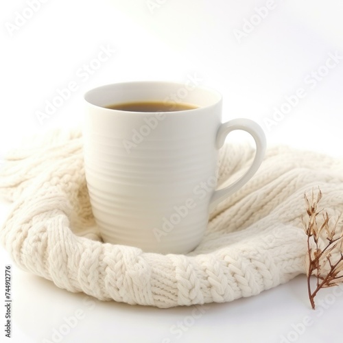 A cup of coffee and a knitted scarf on a white background. Generative AI.