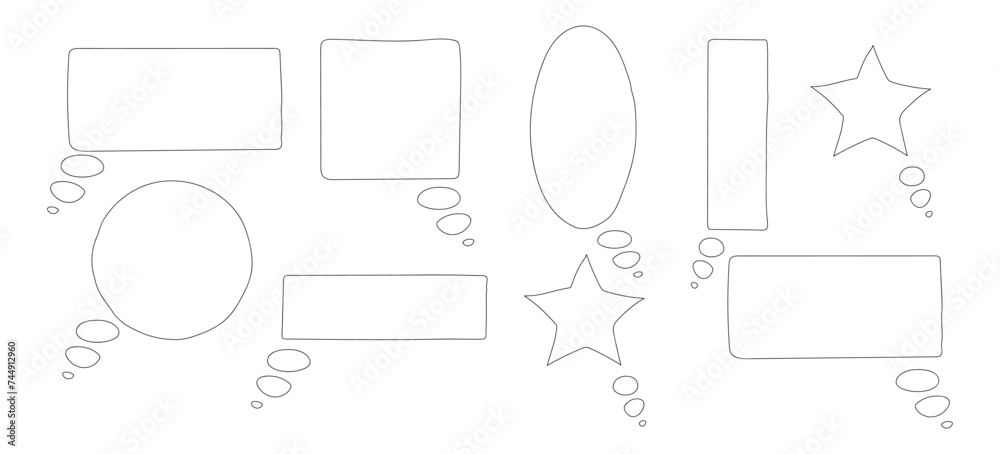 Set of decorative doodle style text frames with a tails of different shapes in black outline on transparent background.