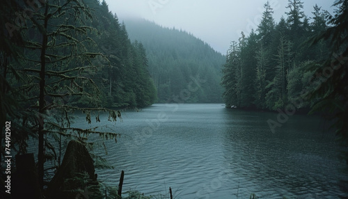 Photo of a pacific northwest forrest on a rainy day, foggy and mystic mountain forrest, gloomy dark forest during a foggy day, North Vancouver, British Columbia, Canada, European forrest